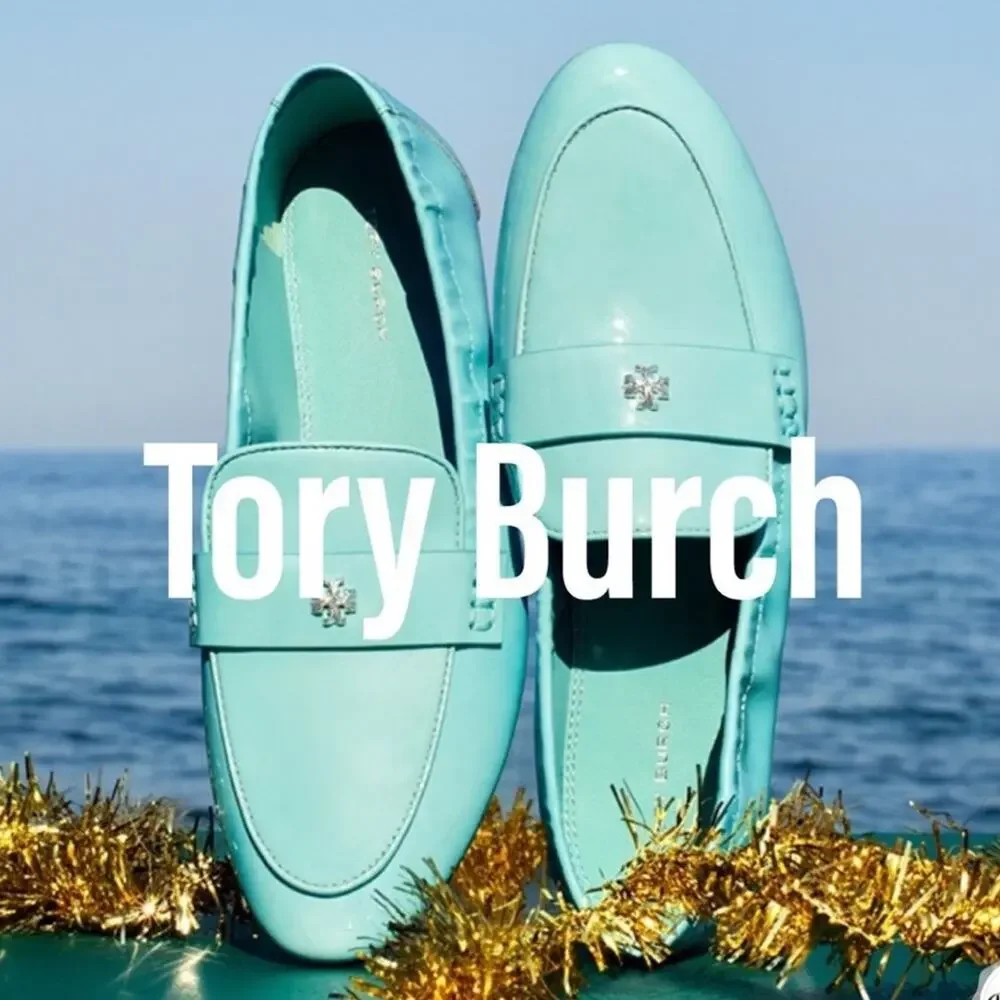 Tory Burch RARE Blue Silver Ballet Patent Leather Loafer Flat MistyAqua Spongy 5